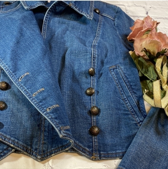 Free People Military Band Denim Jacket in Vintage Blue Moto Jacket Size XS - Picture 9 of 15